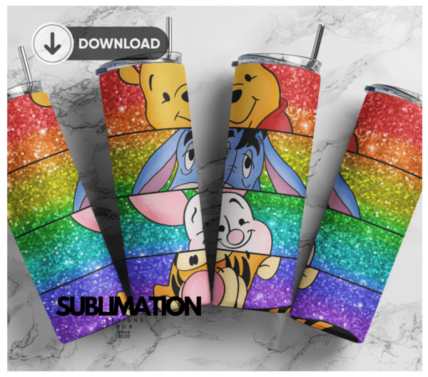 Whinnie the pooh and friends 20oz Skinny tumbler wrap | Glitter rainbow  20 oz skinny Tumbler wrap | Digital File | Sublimation Design |PNG