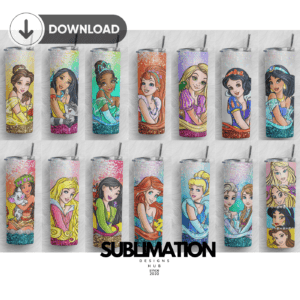 Cartoon Disney Princess 20oz Skinny tumbler wrap | Princess 20 oz skinny Tumbler wrap | Princess bundle | Digital File | Sublimation Design |PNG 14SET