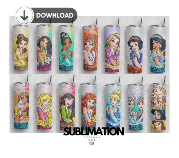 Cartoon Disney Princess 20oz Skinny tumbler wrap | Princess 20 oz skinny Tumbler wrap | Princess bundle | Digital File | Sublimation Design |PNG 14SET