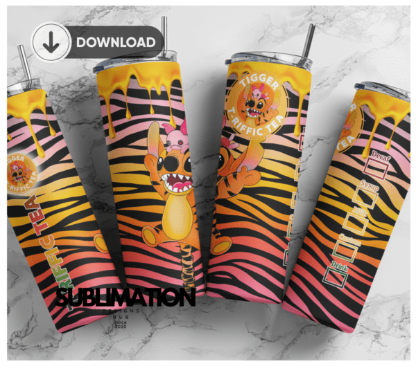 T-riffic Tea time 20oz Skinny tumbler wrap | Stitch Tigger Digital File | Sublimation Design |PNG