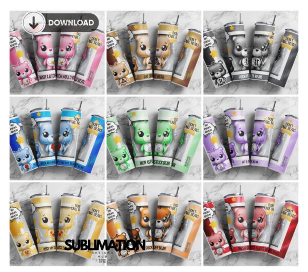 Don't care Bear 20oz Skinny tumbler wrap | Digital File | Sublimation Design |PNG Bundle