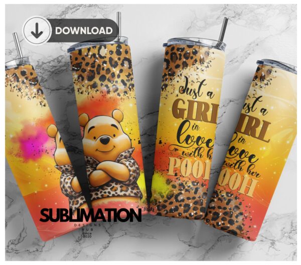 Just a Girl in love with her pooh Cartoon Tumbler 20 oz Skinny, Leopard pattern wrap, Tumbler Sublimation PNG, Digital Download png