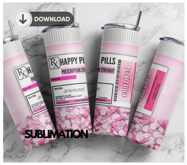 RX Happy Pills 20 oz Skinny Tumbler, digital download sublimation Design | Sublimation Digital Download | PNG 20oz wrap
