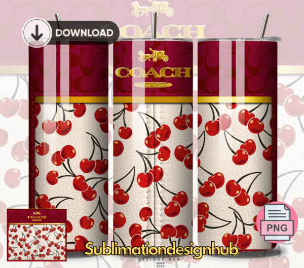 Cherry Coach designer 20oz Skinny tumbler wrap | Designer Digital File | Sublimation Design |PNG